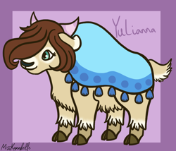 Size: 1750x1500 | Tagged: safe, artist:misskanabelle, imported from derpibooru, oc, oc only, oc:yulianna, hybrid, yak, abstract background, adopted offspring, clothes, cloven hooves, female, hair over one eye, interspecies offspring, magical lesbian spawn, offspring, parent:pinkie pie, parent:princess skystar, parents:skypie, signature, smiling