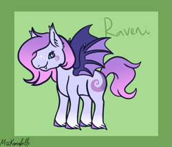 Size: 1750x1500 | Tagged: safe, artist:misskanabelle, imported from derpibooru, oc, oc only, oc:raveni, bat pony, pony, bat pony oc, bat wings, ear fluff, fangs, female, mare, offspring, parent:funnel web, parent:oc:charmeuse culicivora, parents:canon x oc, signature, smiling, solo, tattoo, unshorn fetlocks, wings