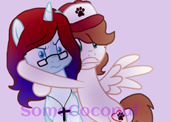 Size: 1397x997 | Tagged: safe, artist:somecoconut, imported from derpibooru, oc, oc only, pegasus, pony, unicorn, base used, bust, cross, female, frown, glasses, gritted teeth, hat, horn, hug, jewelry, mare, necklace, paw prints, pegasus oc, pink background, scared, simple background, unicorn oc, wings