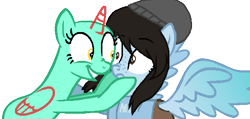 Size: 537x256 | Tagged: safe, artist:somecoconut, imported from derpibooru, oc, oc only, oc:minerva, alicorn, pegasus, pony, alicorn oc, bald, base used, beanie, bust, cheek squish, duo, female, hat, horn, mare, pegasus oc, smiling, squishy cheeks, wide eyes, wings