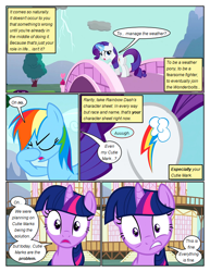 Size: 612x792 | Tagged: safe, artist:newbiespud, edit, edited screencap, imported from derpibooru, screencap, rainbow dash, rarity, twilight sparkle, pegasus, pony, unicorn, comic:friendship is dragons, magical mystery cure, sonic rainboom (episode), bridge, comic, d:, dialogue, eyes closed, facehoof, female, glowing horn, horn, lightning, mare, open mouth, screencap comic, swapped cutie marks, tree, unicorn twilight, wings