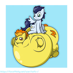 Size: 1280x1280 | Tagged: safe, artist:tuft, imported from derpibooru, soarin', spitfire, pegasus, pony, belly, big belly, bingo wings, blimp, blue background, butt, duo, female, floating, huge belly, huge butt, impossibly large belly, impossibly large butt, inflation, large butt, male, mare, simple background, sitting, smiling, spitfire is not amused, stallion, underhoof, white border