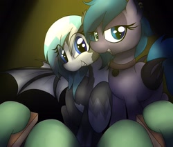 Size: 2308x1964 | Tagged: safe, artist:datte-before-dawn, oc, oc only, oc:belfry towers, bat pony, pony, bald face, bat pony oc, bat wings, chair, coat markings, collar, eye clipping through hair, female, lidded eyes, looking at you, mare, offscreen character, pale belly, pov, raised hoof, sitting, smiling, spread wings, wings