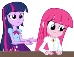 Size: 1237x943 | Tagged: safe, imported from derpibooru, pinkie pie, twilight sparkle, equestria girls, clothes, hime cut, long sleeves, pinkamena diane pie, sad, simple background, transparent background