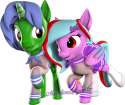 Size: 2499x2096 | Tagged: safe, alternate version, artist:melodiousmarci, imported from derpibooru, oc, oc:omega(omegacreeper), oc:star beats, pegasus, pony, unicorn, 3d, clothes, dress, looking at each other, oc x oc, omegamarci, school uniform, shipping, shirt, shoes, simple background, socks, source filmmaker, transparent background