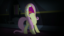 Size: 1920x1080 | Tagged: safe, imported from derpibooru, screencap, fluttershy, pegasus, pony, scare master, season 5, female, mare, open mouth, scared, screaming, solo, twilight's castle, wide eyes