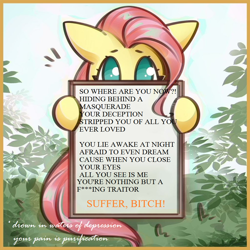 Size: 1024x1024 | Tagged: safe, artist:mirroredsea, edit, editor:horsesplease, editor:hotaruotario, imported from derpibooru, fluttershy, bitch, fluttershy's reiwa declaration, heart of a coward, shade (song), song reference, vulgar