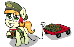 Size: 1020x652 | Tagged: safe, artist:xppp1n, imported from ponybooru, tag-a-long, earth pony, pony, cart, cookie, cookie box, female, filly, filly guides, food, smiling, solo