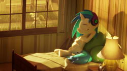 Size: 3840x2160 | Tagged: safe, artist:xppp1n, imported from ponybooru, derpy hooves, dj pon-3, vinyl scratch, pegasus, pony, unicorn, 3d, bed, bedroom, blender, blender cycles, eyes closed, female, guitar, headphones, laying on bed, mare, musical instrument, on bed, sitting, smiling