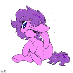 Size: 2000x2000 | Tagged: safe, artist:skoon, imported from ponybooru, oc, oc only, oc:stir crazy, pony, unicorn, behaving like a cat, ear scratch, female, looking at you, mare, one eye closed, simple background, solo