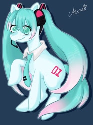 Size: 1520x2048 | Tagged: safe, artist:monako, imported from twibooru, oc, pony, anime, female, hatsune miku, headset, image, mare, necktie, needs more jpeg, signature, solo