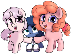 Size: 3448x2596 | Tagged: safe, artist:crade, artist:heretichesh, artist:wenni, imported from ponybooru, oc, oc only, oc:peachy keen, oc:red pill, oc:whinny, earth pony, unicorn, blushing, clothes, crouching, earth pony oc, female, filly, hoodie, horn, looking at you, mare, open mouth, ponybooru collab 2021, simple background, smiling, solo jazz, transparent background, unicorn oc