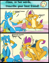 Size: 1403x1809 | Tagged: safe, artist:skunkstripe, imported from derpibooru, fluttershy, gallus, smolder, dragon, griffon, arm behind head, bisexual, comic, dialogue, dragoness, dumb yung-six comics, female, implied smollus, leaning, looking up, paw pads, paws, pillow, sweat, toe beans, underpaw