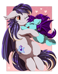 Size: 2750x3509 | Tagged: safe, artist:pridark, imported from derpibooru, oc, oc only, bat pony, pony, bat pony oc, commission, crying, cute, cutie mark, duo, eyes closed, flying, happy, heart, high res, hug, one eye closed, open mouth, smiling, tears of joy, wavy mouth