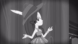 Size: 3410x1920 | Tagged: safe, imported from derpibooru, screencap, rarity, equestria girls, equestria girls series, rarity investigates: the case of the bedazzled boot, black and white, bracelet, clothes, cutie mark, cutie mark on clothes, female, geode of shielding, grayscale, hat, high res, jewelry, magical geodes, monochrome, rarity peplum dress, solo