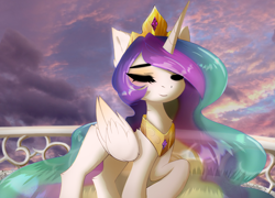 Size: 2679x1934 | Tagged: safe, artist:empress-twilight, imported from derpibooru, princess celestia, alicorn, pony, cloud, crown, cute, cutelestia, eyes closed, female, fence, folded wings, high res, i can't believe it's not magnaluna, jewelry, mare, raised hoof, regalia, sky, smiling, solo, wings