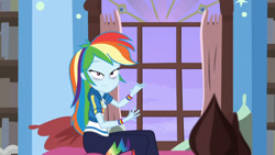 Size: 3410x1920 | Tagged: safe, imported from derpibooru, screencap, rainbow dash, equestria girls, equestria girls series, holidays unwrapped, spoiler:eqg series (season 2), bags under eyes, blizzard or bust, clothes, cutie mark, cutie mark on clothes, exhausted, faic, female, geode of super speed, high res, hoodie, jewelry, leggings, lidded eyes, magical geodes, necklace, rainbow dash is best facemaker, smiling, solo