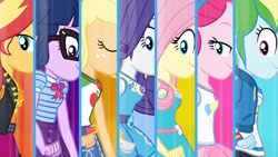 Size: 3410x1920 | Tagged: safe, imported from derpibooru, screencap, applejack, fluttershy, pinkie pie, rainbow dash, rarity, sci-twi, sunset shimmer, twilight sparkle, equestria girls, equestria girls series, rollercoaster of friendship, belt, boobshot, bowtie, bracelet, breast chart, breasts, clothes, cutie mark, cutie mark on clothes, denim skirt, eyes closed, female, geode of empathy, geode of fauna, geode of shielding, geode of sugar bombs, geode of super speed, geode of super strength, geode of telekinesis, glasses, high res, hoodie, humane five, humane seven, humane six, jacket, jewelry, leather, leather jacket, lidded eyes, magical geodes, necklace, rah rah skirt, rarity peplum dress, skirt, smiling, transformation, transformation sequence