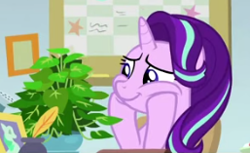 Size: 257x157 | Tagged: safe, imported from derpibooru, screencap, phyllis, starlight glimmer, pony, unicorn, a horse shoe-in, season 9, spoiler:s09, cropped, cute, female, glimmerbetes, mare, picture for breezies, plant, solo