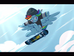 Size: 6000x4500 | Tagged: safe, artist:chub-wub, imported from derpibooru, rainbow dash, pegasus, pony, absurd resolution, backwards cutie mark, beanie, clothes, cloud, cute, dashabetes, dog tags, female, graveyard of comments, grin, hat, mare, shirt, skateboard, skateboarding, sky, smiling, solo, spiked wristband, wristband