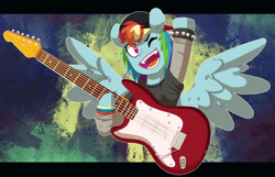 Size: 4832x3108 | Tagged: safe, artist:chub-wub, imported from derpibooru, rainbow dash, pegasus, pony, beanie, clothes, cute, cute little fangs, dashabetes, fangs, female, guitar, hard rock, hat, high res, mare, musical instrument, one eye closed, open mouth, open smile, raised hoof, rock (music), shirt, smiling, solo, spiked wristband, wink, wristband