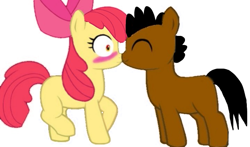 Size: 719x422 | Tagged: safe, imported from derpibooru, apple bloom, oc, oc:ladainian otis, earth pony, pony, blushing, boop, canon x oc, eyes closed, female, filly, ladainianbloom, love, male, noseboop, shipping, straight, wild eyes