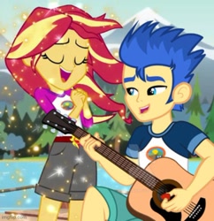 Size: 500x517 | Tagged: safe, edit, edited edit, imported from derpibooru, flash sentry, sunset shimmer, equestria girls, legend of everfree, female, flashimmer, guitar, male, musical instrument, pier, shipping, straight, water