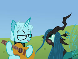 Size: 1032x774 | Tagged: artist needed, source needed, safe, artist:joshchrysalisfan1, imported from derpibooru, queen chrysalis, oc, oc:josh, changeling, changeling queen, blushing, canon x oc, changeling oc, day, eyes closed, female, glasses, guitar, looking up, musical instrument, queenjosh, shipping