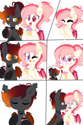 Size: 2000x3015 | Tagged: safe, artist:thieftea, imported from derpibooru, oc, oc only, oc:blood moon, oc:candlelight, bat pony, pony, bat pony oc, bat wings, blind eye, bubble tea, comic, cupcake, ear piercing, earring, eating, eyes closed, food, herbivore, heterochromia, high res, jewelry, licking, one eye closed, open mouth, open smile, piercing, sipping, smiling, tongue out, wingding eyes, wings, wink