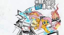 Size: 3295x1820 | Tagged: safe, artist:detour, imported from derpibooru, fluttershy, pegasus, pony, female, fire, high res, mare, open mouth, solo, traditional art, truck