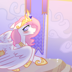 Size: 1920x1920 | Tagged: safe, alternate version, artist:melonmilk, derpibooru exclusive, imported from derpibooru, princess celestia, alicorn, pony, blushing, castle, crown, female, jewelry, mare, pink hair, pink-mane celestia, regalia, solo