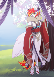 Size: 2481x3507 | Tagged: safe, artist:arctic-fox, imported from derpibooru, oc, oc only, oc:diamond sun, anthro, pegasus, unguligrade anthro, anthro oc, clothes, eye clipping through hair, eyebrows, eyebrows visible through hair, female, flower, flower in hair, high res, kimono (clothing), mare, pegasus oc, solo, wings