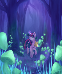 Size: 1920x2304 | Tagged: safe, artist:fanaticpanda, imported from derpibooru, twilight sparkle, pony, unicorn, book, female, forest, glowing horn, grass, high res, horn, magic, magic aura, mare, mushroom, solo, telekinesis, tree, unicorn twilight