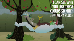 Size: 1280x720 | Tagged: safe, edit, edited screencap, editor:quoterific, imported from derpibooru, screencap, discord, draconequus, season 2, the return of harmony, apple, apple tree, cloud, cloud bed, male, open mouth, solo, sunglasses, tree