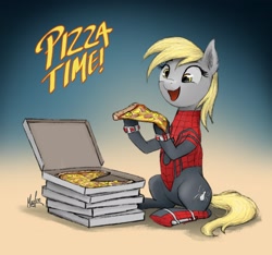 Size: 1920x1796 | Tagged: safe, artist:magfen, imported from derpibooru, derpy hooves, pegasus, pony, commission, cute, derpabetes, female, food, ham, happy, mare, meat, open mouth, peetzer, pineapple, pineapple pizza, pizza, pizza box, pizza time, sitting, solo, spider-man, ych result