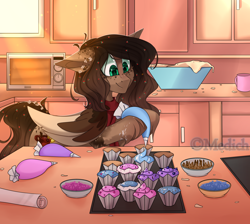 Size: 3532x3169 | Tagged: safe, artist:mediasmile666, imported from derpibooru, oc, oc only, pegasus, pony, baking, cupcake, eye clipping through hair, female, floppy ears, food, high res, hoof hold, kitchen, mare, pegasus oc, smiling, solo, two toned wings, wings