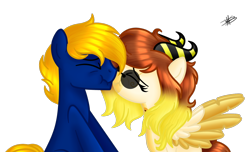 Size: 1298x787 | Tagged: safe, artist:princessmoonsilver, imported from derpibooru, oc, oc:perfect drop, oc:vainille clashier, earth pony, pegasus, pony, female, horns, kissing, male, mare, simple background, stallion, transparent background, two toned wings, wings