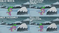 Size: 1280x720 | Tagged: safe, edit, edited screencap, editor:quoterific, imported from derpibooru, screencap, spike, dragon, season 6, the times they are a changeling, crossed arms, eyes closed, male, open mouth, rock, snow, solo
