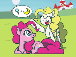 Size: 1800x1350 | Tagged: safe, artist:flutterluv, imported from derpibooru, pinkie pie, surprise, earth pony, pegasus, pony, atg 2021, duo, mushroom kingdom, newbie artist training grounds, princess peach's castle, speech bubble, super mario bros., super mario odyssey