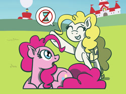 Size: 1800x1350 | Tagged: safe, artist:flutterluv, imported from derpibooru, pinkie pie, surprise, earth pony, pegasus, pony, atg 2021, duo, mushroom kingdom, newbie artist training grounds, princess peach's castle, speech bubble, super mario bros., super mario odyssey