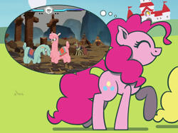 Size: 1800x1350 | Tagged: safe, artist:flutterluv, imported from derpibooru, pinkie pie, surprise, alpaca, earth pony, pegasus, pony, them's fightin' herds, atg 2021, community related, mushroom kingdom, newbie artist training grounds, paprika (tfh), princess peach's castle, super mario bros., super mario odyssey, thought bubble