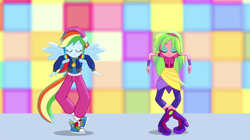 Size: 1920x1073 | Tagged: safe, imported from derpibooru, screencap, lemon zest, rainbow dash, dance magic, equestria girls, spoiler:eqg specials, clothes, dance magic (song), duo, eyes closed, pants
