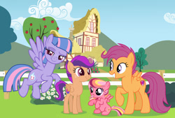 Size: 1024x694 | Tagged: safe, artist:lillyleaf101, imported from derpibooru, scootaloo, wind sprint, oc, oc:dare devil, oc:sunny skies, pony, growing up is hard to do, female, lesbian, magical lesbian spawn, offspring, older, older scootaloo, older wind sprint, parent:scootaloo, parent:wind sprint, parents:scootasprint, scootasprint, shipping