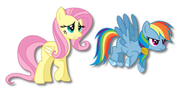 Size: 1920x1024 | Tagged: safe, artist:teal-quil, imported from derpibooru, fluttershy, rainbow dash, pegasus, pony, alternate design, female, mare, simple background, story included, transparent background