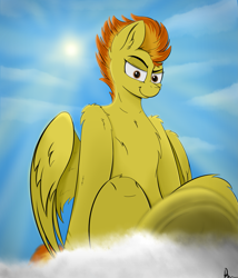 Size: 1755x2048 | Tagged: safe, artist:rapid9, imported from derpibooru, spitfire, pegasus, pony, cloud, shining, sky, wings