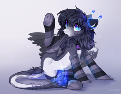 Size: 3000x2341 | Tagged: safe, alternate version, artist:trickate, imported from derpibooru, oc, oc only, oc:lumina azure, cat, pegasus, pony, bell, bell collar, chest fluff, clothes, coat markings, collar, ear fluff, facial markings, high res, looking at you, pale belly, putting on clothing, slit eyes, slit pupils, snip (coat marking), socks, solo, two toned tail