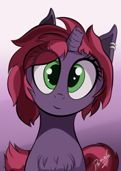 Size: 2480x3508 | Tagged: safe, artist:reminic, imported from derpibooru, oc, oc only, pony, unicorn, big eyes, broken horn, commission, cute, ear piercing, earring, eye clipping through hair, fluffy, high res, horn, jewelry, looking at you, ocbetes, piercing, smiling, smiling at you, solo, unicorn oc