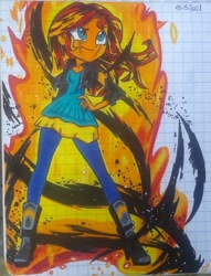 Size: 1343x1756 | Tagged: safe, artist:karadeg, derpibooru exclusive, imported from derpibooru, sunset shimmer, equestria girls, female, fiery shimmer, fire, firebending, solo, traditional art