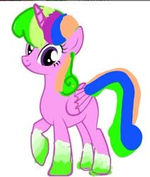 Size: 494x583 | Tagged: safe, artist:rainyponyindo, imported from derpibooru, oc, oc:rainy rainbow, alicorn, 1000 hours in ms paint, alicorn oc, alternate hairstyle, alternate tailstyle, base used, female, gradient hooves, horn, ibispaint x, looking at you, mare, rainbow power, rainbow power-ified, simple background, smiling, transparent background, wings