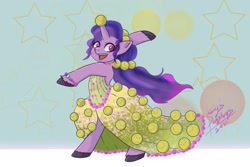 Size: 1772x1181 | Tagged: safe, artist:shacy's pagelings, imported from derpibooru, izzy moonbow, pony, unicorn, abstract background, ball, bipedal, bracelet, clothes, cute, dress, female, g5, horn, horn guard, horn impalement, hornball, izzy's tennis ball, izzybetes, jewelry, mare, necklace, open mouth, ponytail, signature, skirt, solo, stars, tennis ball, that pony sure does love tennis balls, unshorn fetlocks